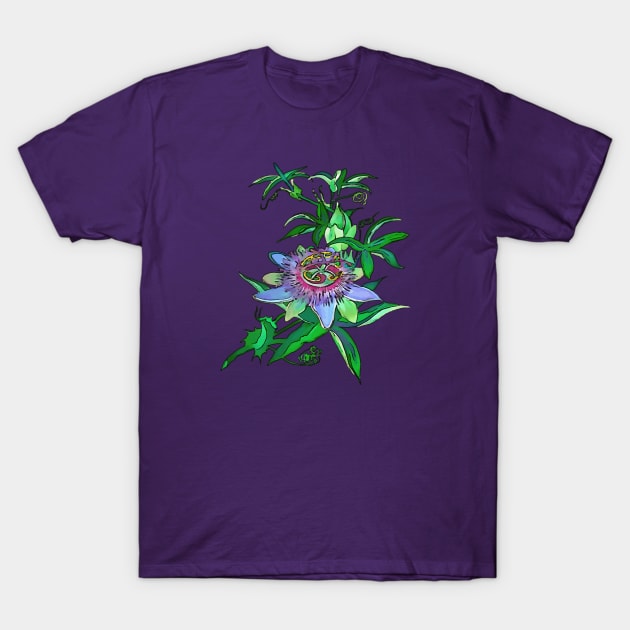 Passion Flower Blossom Black Outline Vector Art T-Shirt by taiche